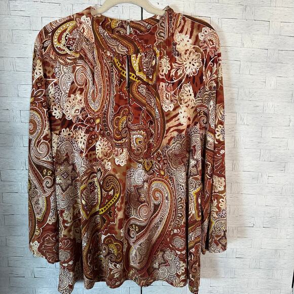E.S.T. 1946 blouse mock neck paisley cream  brown bohemian 3/4 length sleeve ￼ - Picture 1 of 10